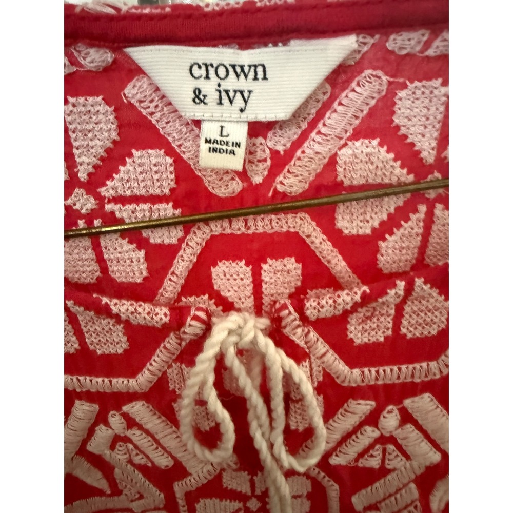 Crown & Ivy Womens Red Embroidered Tassel Tie Peasant Blouse Top Large L - Picture 4 of 5